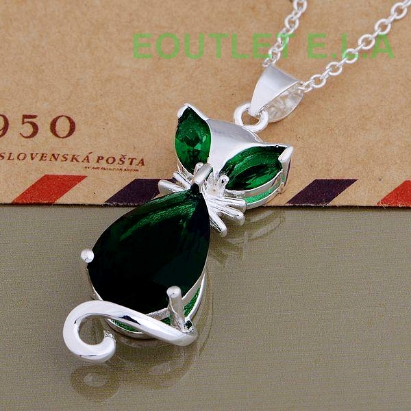 38mm CUTE GREEN CZ KITTY SILVER NECKLACE-46cm